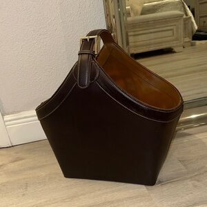 Dark Brown Leather basket blanket holder /storage for bedroom